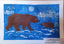 Сафин Рафаил. «Медведица с медвежонком в зимнем лесу» (использованы техники нетрадиционного рисования гуашь, фон выполнен с помощью цел